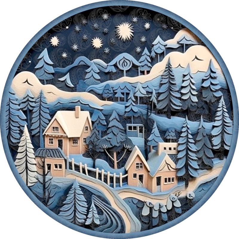 Christmas village scene with snow-covered houses pine trees and starry sky, Grey Barn Handwerk, Saskatchewan.